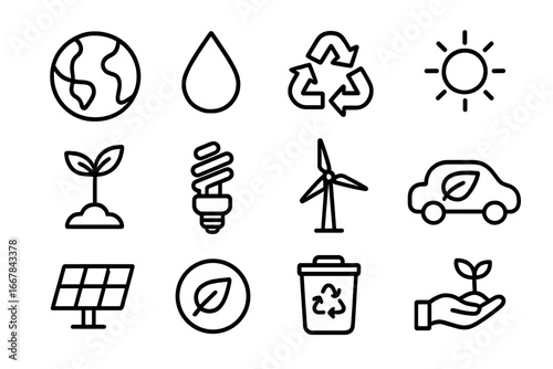 Nature and ecology outline icon set, environment and green energy symbols, sustainability icons with transparent background, renewable energy, eco-friendly concepts, cartoon style vector collection