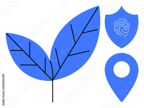 Leaf with veins, shield with fingerprint, and location pin combining eco-friendliness, security, and navigation. Ideal for environmental tech, sustainability, identity, navigation data security