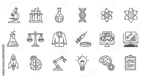 Collection of science and technology icons, , featuring a microscope, test tubes, dna, atom, flask, scales, lab coat, syringe, computer, rocket, brain, robot arm, lightbulb, and clipboard