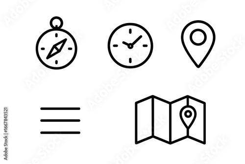 Navigation tools line icon set including compass, clock, location pin, menu lines, and map with location marker, vector cartoon illustration, transparent background, ordered set