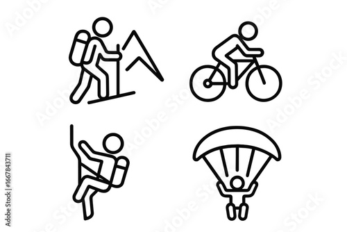 Outdoor activities line icon set with hiking, biking, rock climbing, parachuting, extreme sports linear collection, adventure and leisure vector illustration transparent background