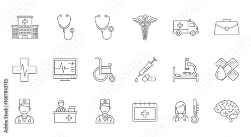 Set of essential healthcare and medicine line icons, featuring hospital equipment, medical staff, and clinical symbols for modern graphic design