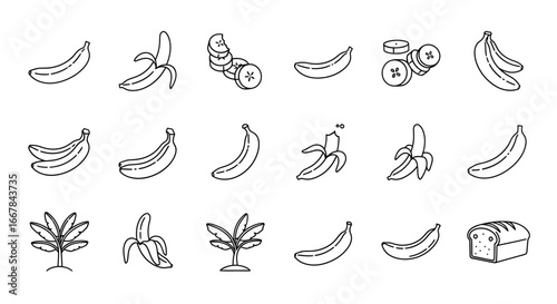 Collection of handdrawn banana icons and illustrations, including whole bananas, peeled bananas, banana slices, and banana trees, isolated on a