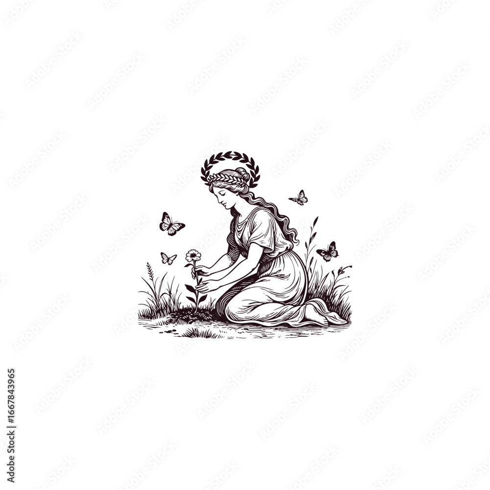 Fototapeta premium Elegant black and white engraving illustration of a graceful Greek goddess kneeling on the ground while planting a flower, surrounded by butterflies and natural elements