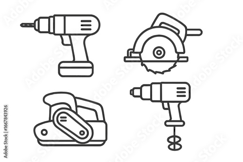 Power tools outline icon set with electric drill, circular saw, belt sander, and mixer, vector cartoon illustration, transparent background, industrial and construction equipment collection