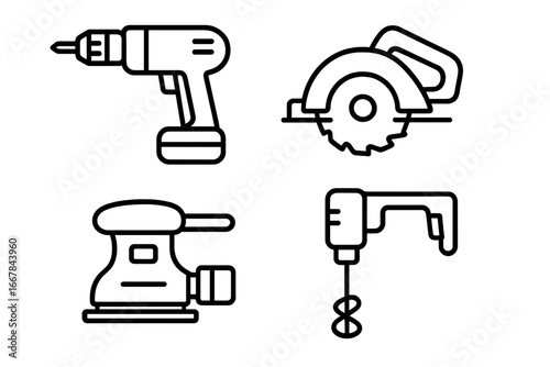 Power tools outline icon set with drill, circular saw, orbital sander, and hand mixer vector illustration collection, black line art, transparent background, construction and woodworking tools icons