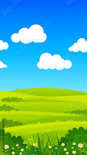 Cartoonish landscape, bright, sunny day
