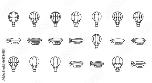 Collection of hot air balloon and airship icons, , representing travel and adventure in a stylized, minimalist outline format