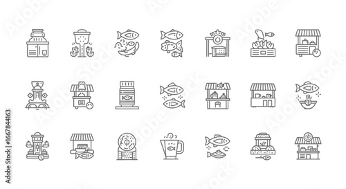 Collection of line art icons representing fish markets, seafood stalls, and related elements, isolated on a