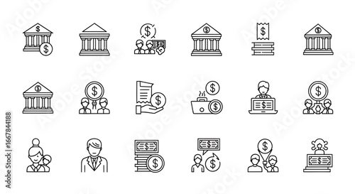 Collection of financial and banking icons, , representing various aspects of money management, transactions, and customer service in a modern financial institution