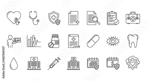 Collection of medical and healthcare icons, , representing various aspects of health, medicine, and patient care