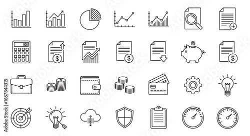 Collection of business and finance icons, includes charts, graphs, calculator, piggy bank, wallet, credit card, briefcase, lightbulb, target, cloud, shield, clipboard, and clock