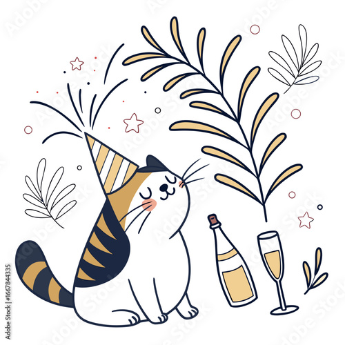 Whimsical Cat feeling Bashful in a New Year celebration setting with with a giant leaf – colored in Midnight Sparkle
