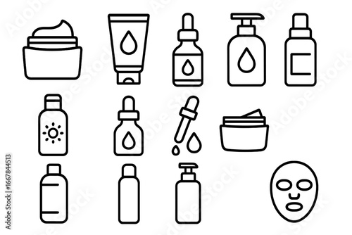Skincare and beauty line icon set with creams, serums, lotions, droppers, and facial masks in flat cartoon style, vector illustration with transparent background, organized skincare collection