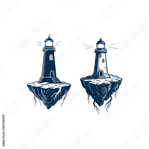 engraving logo illustration of a lighthouse standing tall on floating land. The design combines surreal fantasy with classic engraving style, using intricate linework and vintage detailing