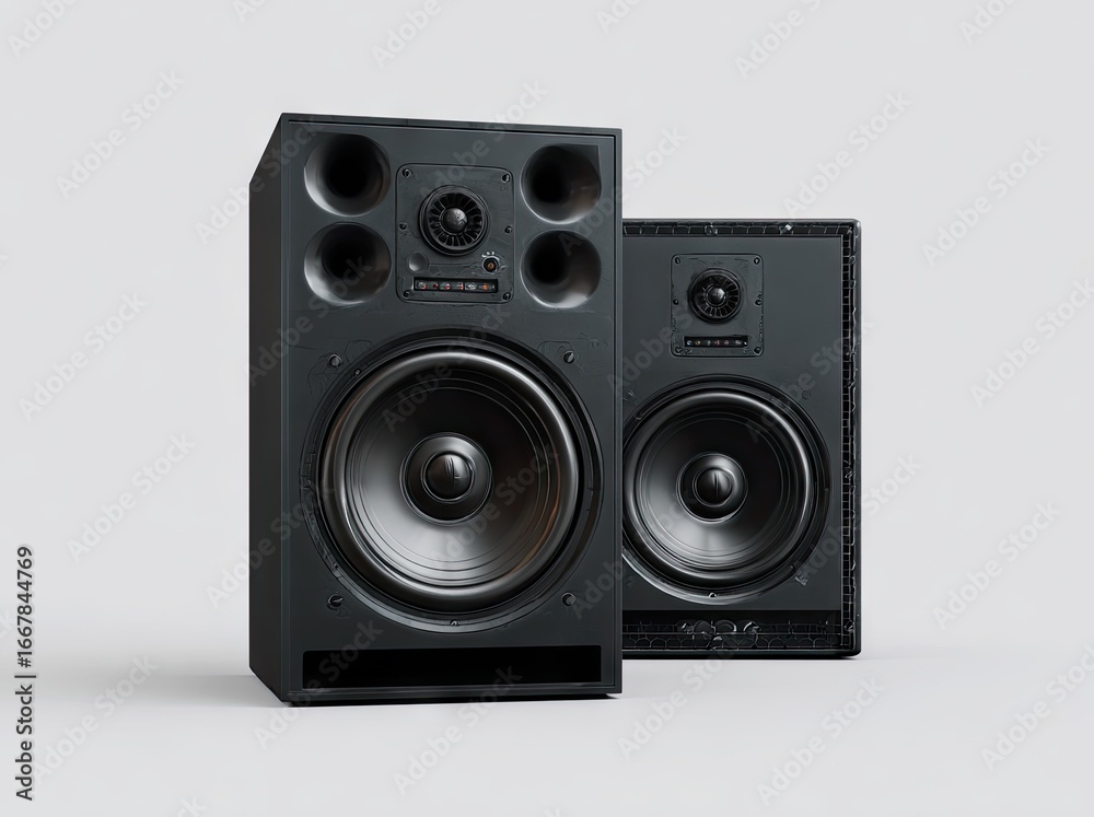 Obraz premium Two black studio speakers on a light gray background