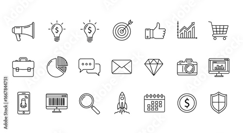 Collection of handdrawn business and finance icons, representing concepts like marketing, ideas, goals, success, analytics, shopping, communication, strategy, and security