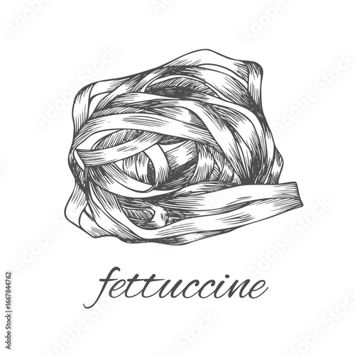 Pasta Fettuccine Tagliatelle Pappardelle or Taglierini sketch. Italian Food vector illustration. Vintage hand drawn doodle style. Engraved, ink, outline. Hand drawing.