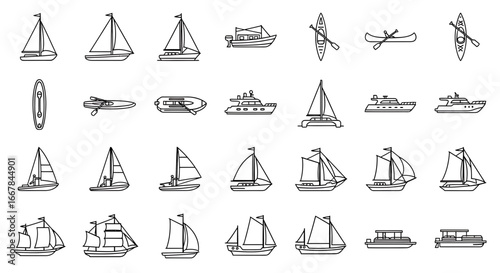 Collection of various boat types and watercrafts, including sailboats, yachts, canoes, and motorboats, isolated on a for easy use in design projects