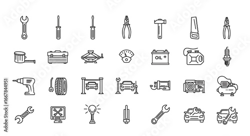 Various automobile tools and automotive equipment icons in a row, isolated on white background