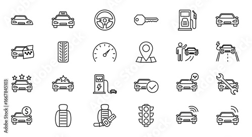 Collection of car icons, representing various automotive services and features like electric charging, navigation, car wash, and traffic signals