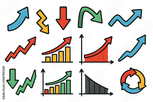 Various Arrow and Graph Symbols Indicative of Data Trends and Directional Movements, Colorful Vector Cartoon Illustration for Design and Presentation Elements on Transparent Background