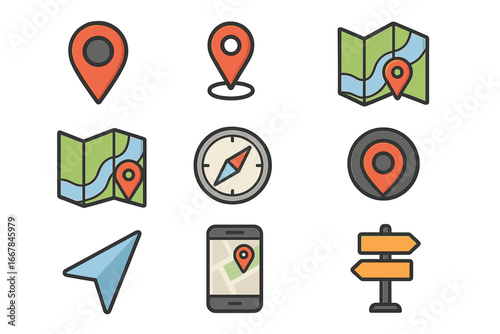Various vector icons illustrating location markers, navigation symbols, maps, compass, GPS pointers, digital navigation tools, direction signs, mobile map app, vector cartoon illustration