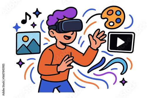 Immersive Virtual Reality and Digital Art Fusion, Engaging Multimedia Experience, Innovation and Creativity Concept, Vector Cartoon Illustration for Digital Culture and Technology