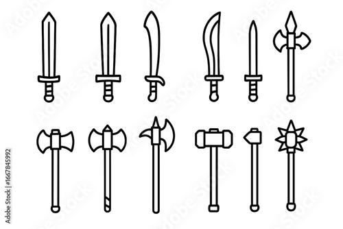 Weaponry Line Icon Set Featuring Swords, Axes, Hammers, and More. Vector Cartoon Illustration with Transparent Background. Medieval and Fantasy Weapons Collection. Ordered Set 1