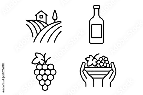 Wine production outline icon set, vineyard landscape, wine bottle, grape cluster, and hands holding grape harvest, linear vector illustration with transparent background, ordered set