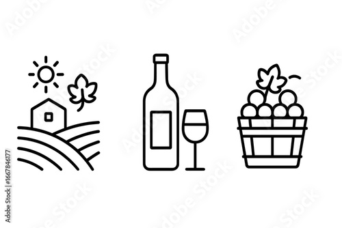 Wine production outline icon set, vineyard landscape, wine bottle and glass, grape harvest basket, linear vector illustration, transparent background, winery symbols
