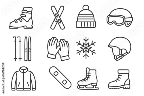 Winter Sports Outline Icon Set, Essential Outdoor Gear Symbols, Sleek Monochrome Vector Illustrations, Skiing, Snowboarding, Ice Skating Equipment, Cold Weather Clothing