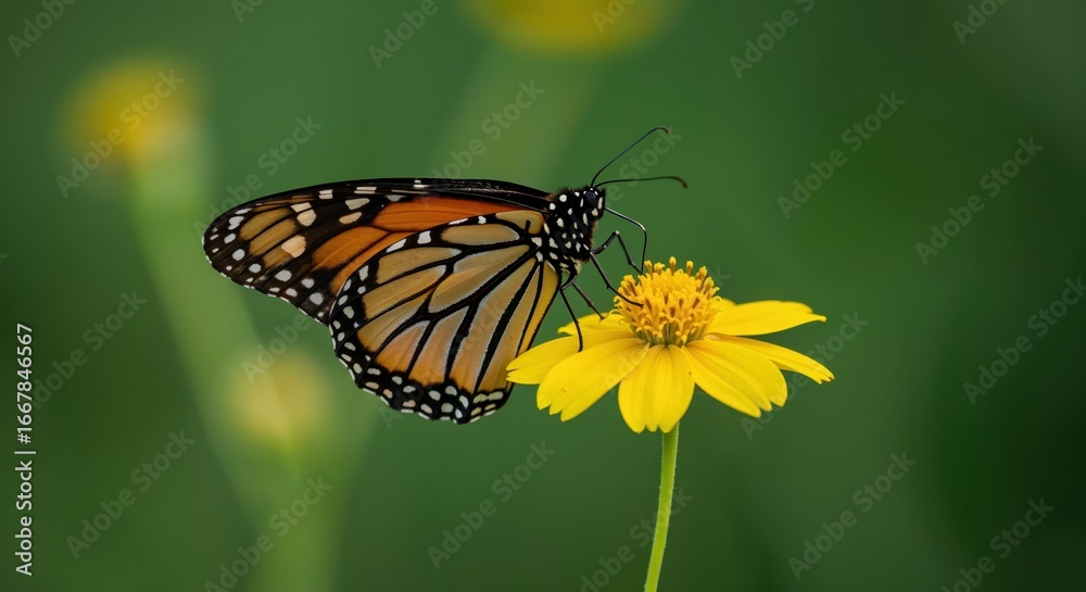 Fototapeta premium Monarch Butterfly on Yellow Flower: A majestic monarch butterfly, its wings adorned with intricate patterns, delicately rests on a vibrant yellow flower.