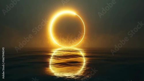 A glowing golden ring hovers over dark water with mist, creating a mysterious and ethereal atmosphere.