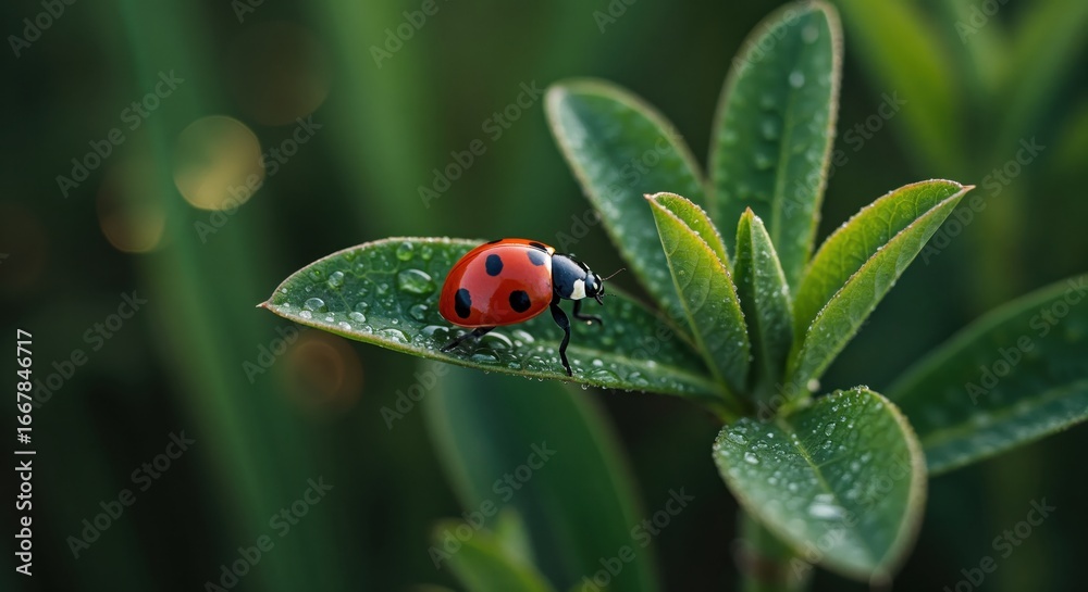 Fototapeta premium Ladybug's Serene Perch: A vibrant red ladybug, adorned with distinctive black spots, rests delicately on a dewy green leaf, showcasing the delicate beauty of miniature wildlife.