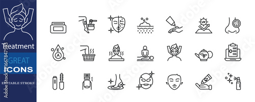 Set of spa and skincare line icons showing treatment, relaxation, wellness, beauty, and healthcare. Perfect for beauty salon, cosmetic, and medical design.