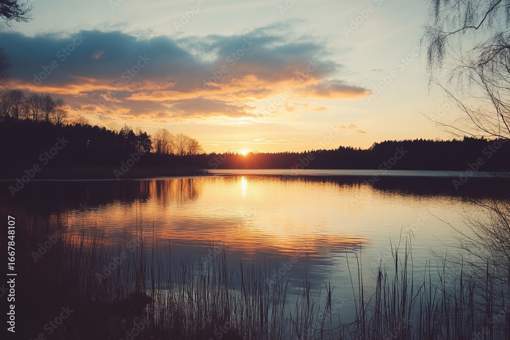 Fototapeta premium Serene sunset over a calm lake, silhouetted trees