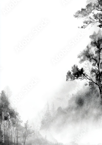 Misty forest scene, grayscale