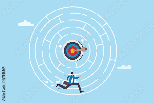 Solving maze problem, business puzzle solution to reach goal or target, challenge to solve problem, chaos or complexity, labyrinth concept, businessman run to solve maze problem to reach goal target.
