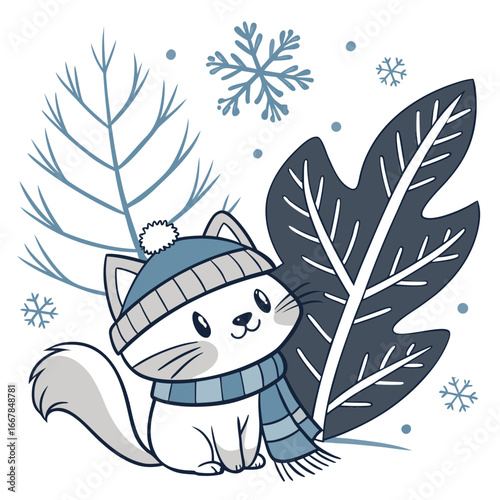 Whimsical Cat feeling Shy in a Cozy winter setting with with a giant leaf – colored in Frosty Winter