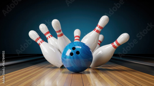 Dynamic bowling strike with blue ball knocking down pins on wooden lane, perfect for sports, leisure, and entertainment concepts