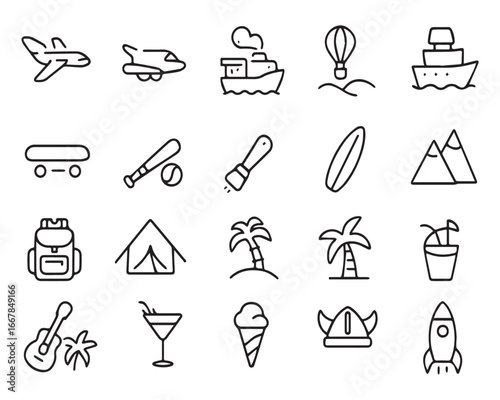 Set of outline icons related to children toys. Linear icon collection