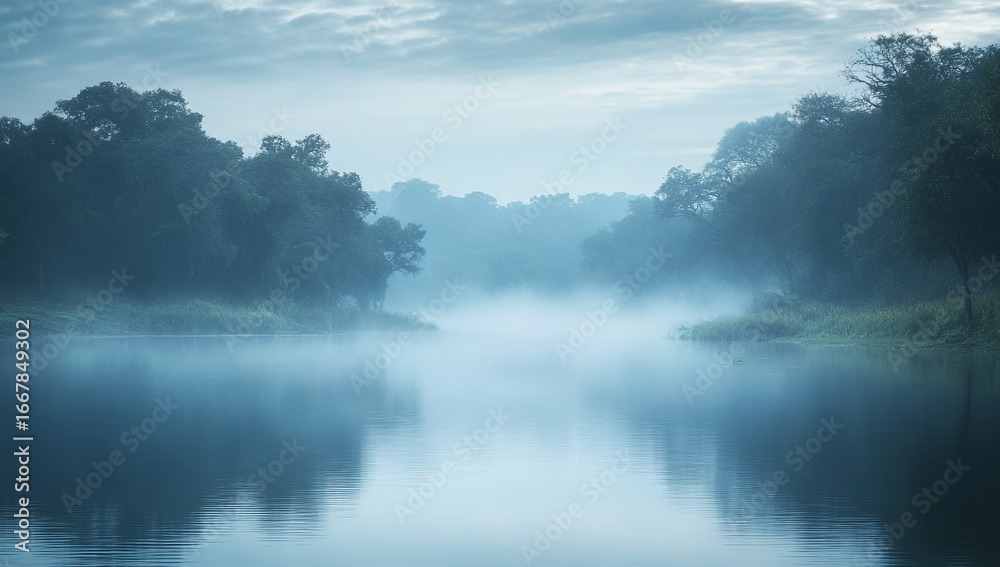 tranquil lake in the early morning with fog tranquil lake in the early morning with fog