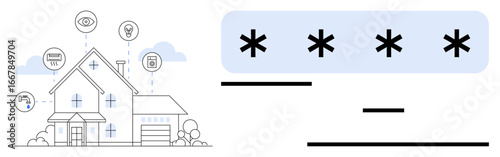 Modern house with connected smart devices including camera, thermostat, and keyless lock. Password encryption pad highlights security. Ideal for technology, innovation, safety, privacy, automation