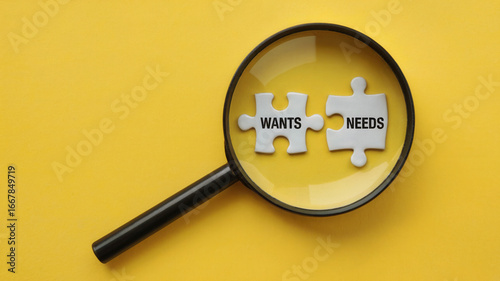 Magnifying glass focusing on Wants and Needs jigsaw puzzle pieces, highlighting business strategy and consumer insights, on yellow
