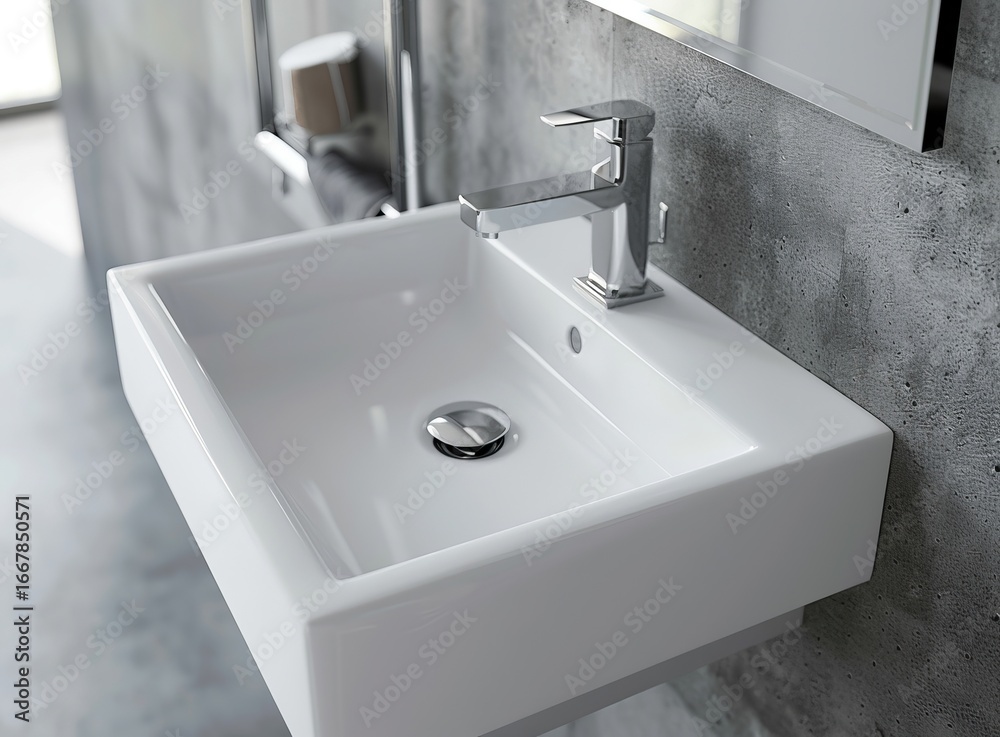 Fototapeta premium White rectangular sink with chrome faucet