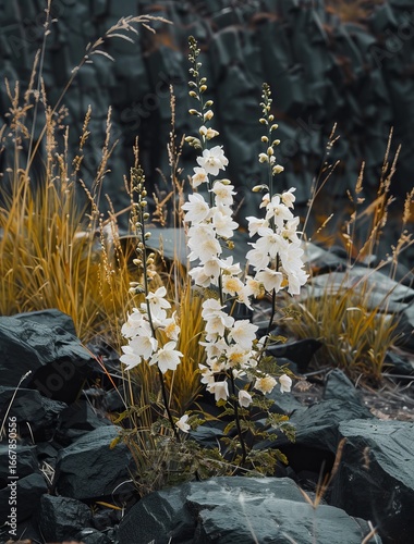 White flowers amidst dark rocks and grass