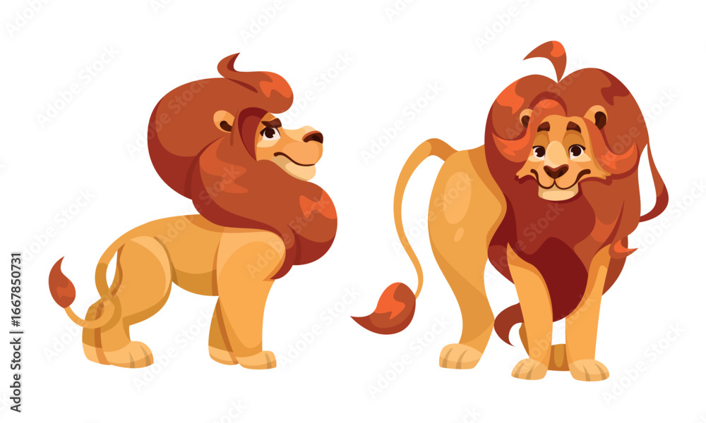 Obraz premium Playful Cartoon Lions with Majestic Manes Displaying their Character and Natures Vibrance