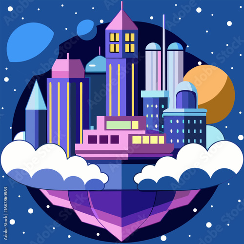 A high-speed train with glowing digital elements, driving on the tracks against a backdrop of sunset and Synthwave  city at sunset digital illustration.

