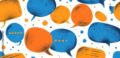 Abstract pattern of textured orange and blue speech bubbles on white background